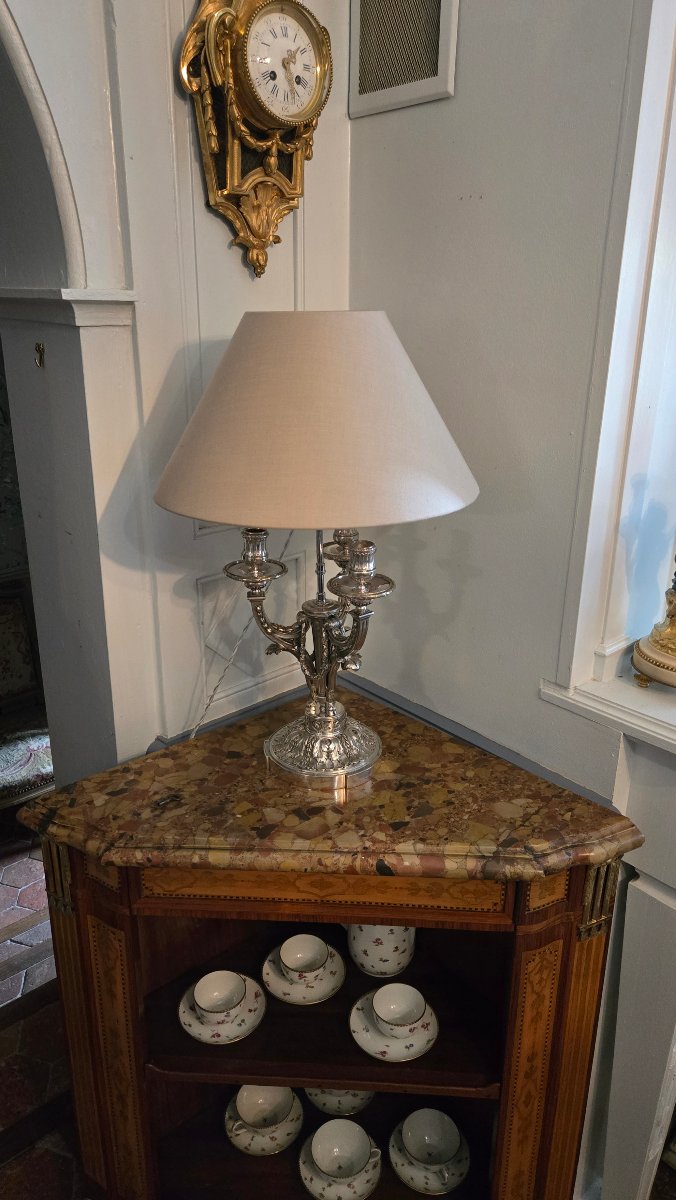 Lampe de salon néoclassique de style Louis XVI en bronze argenté. -photo-5