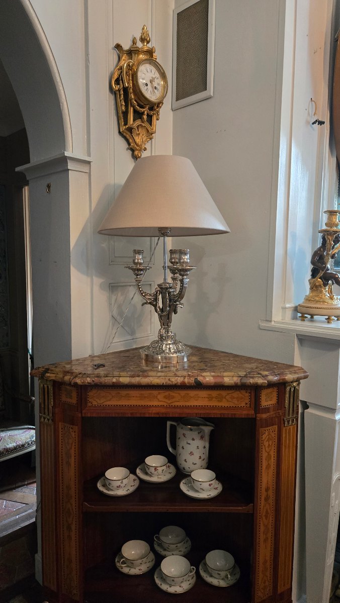 Lampe de salon néoclassique de style Louis XVI en bronze argenté. -photo-6