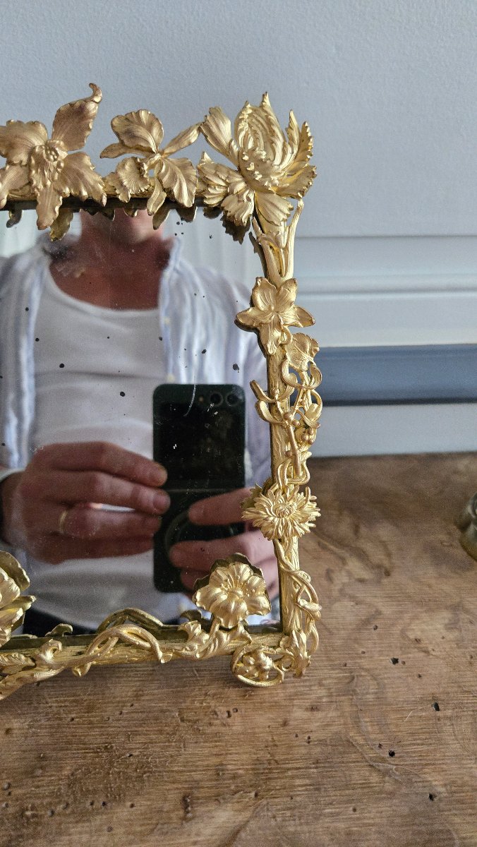 Miroir de table naturaliste, époque Art nouveau, en bronze ciselé et doré, France, vers 1900.  -photo-8