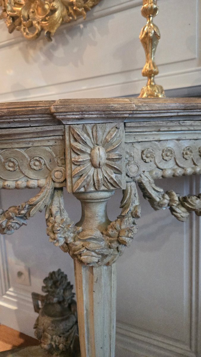 Console demi-lune d'époque Louis XVI en noyer sculpté et peint. Travail méridional, XVIIIe-photo-3