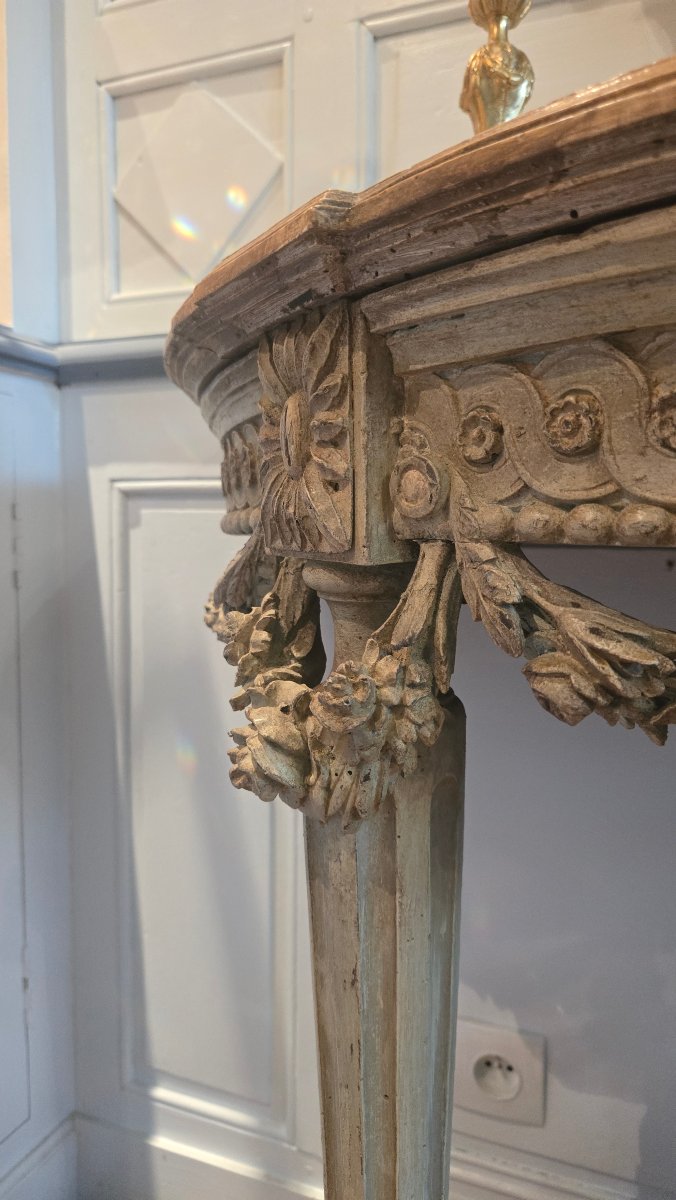 Console demi-lune d'époque Louis XVI en noyer sculpté et peint. Travail méridional, XVIIIe-photo-2