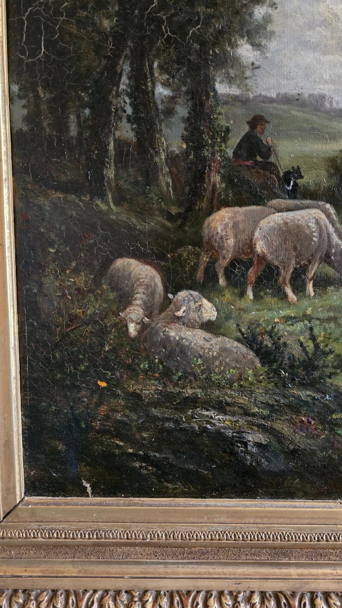 James Desvarreux-Larpenteur (1847-1937)  Berger et troupeau de moutons sous les grands arbres. -photo-2
