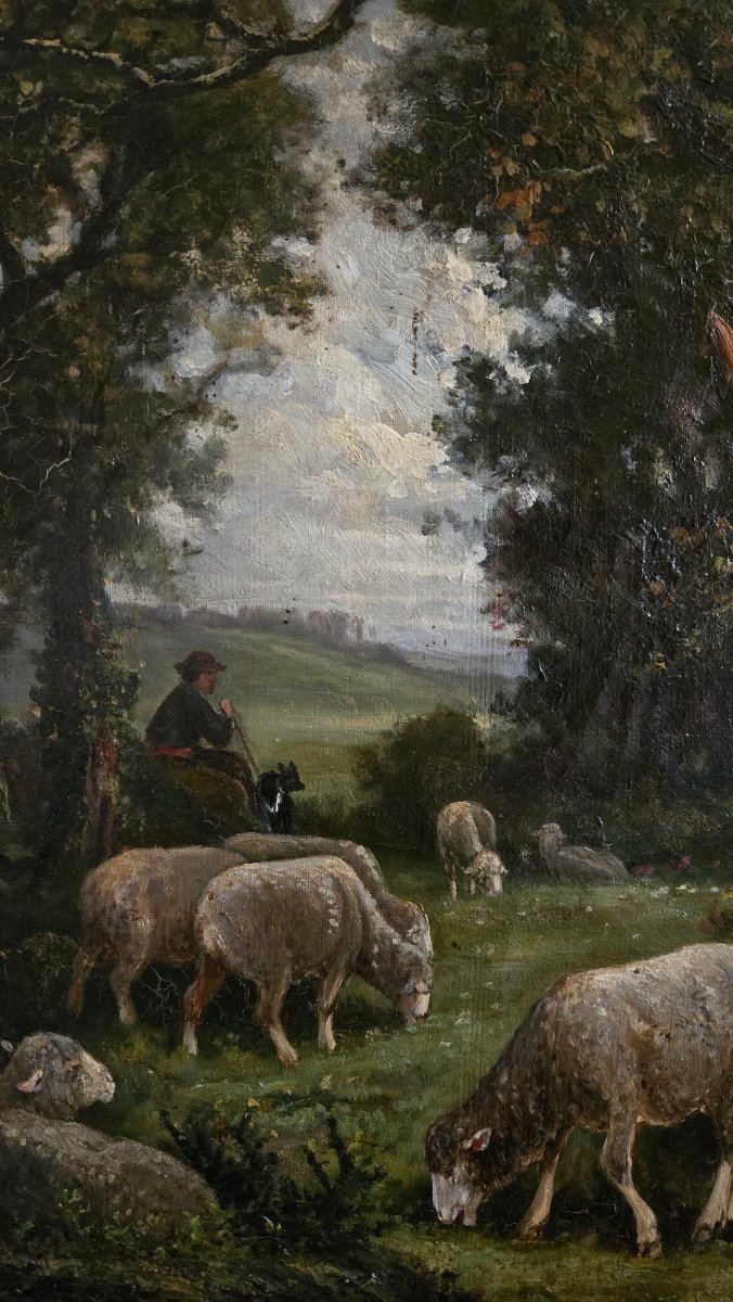 James Desvarreux-Larpenteur (1847-1937)  Berger et troupeau de moutons sous les grands arbres. -photo-3