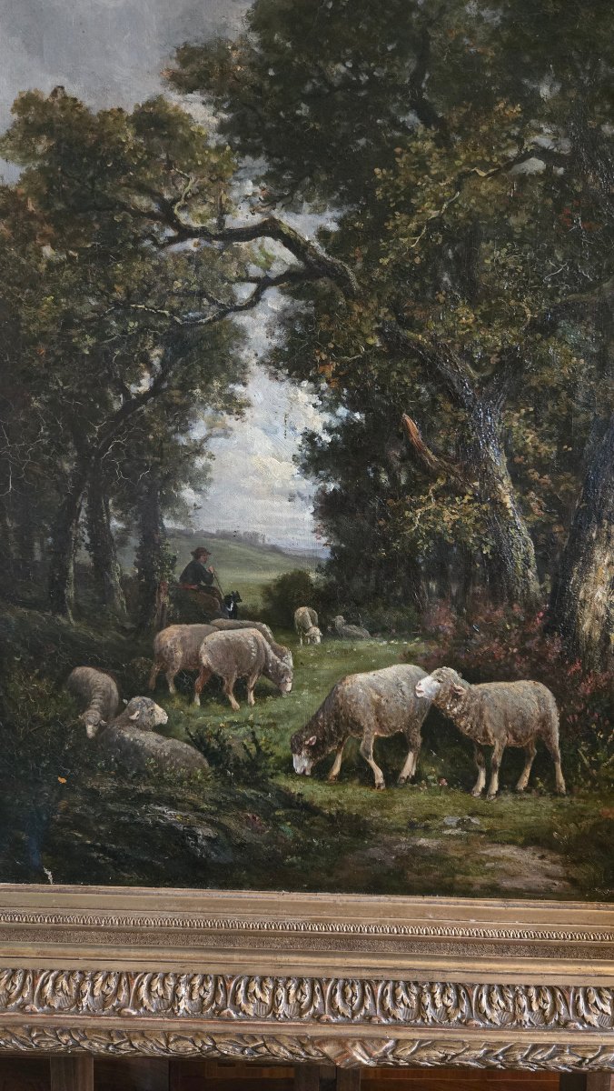 James Desvarreux-Larpenteur (1847-1937)  Berger et troupeau de moutons sous les grands arbres. -photo-4