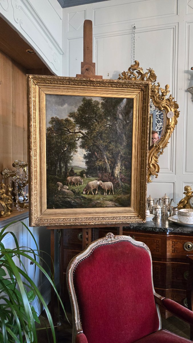 James Desvarreux-Larpenteur (1847-1937)  Berger et troupeau de moutons sous les grands arbres. -photo-5