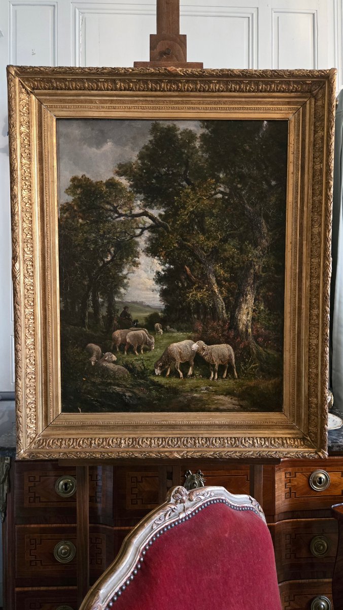 James Desvarreux-Larpenteur (1847-1937)  Berger et troupeau de moutons sous les grands arbres. 