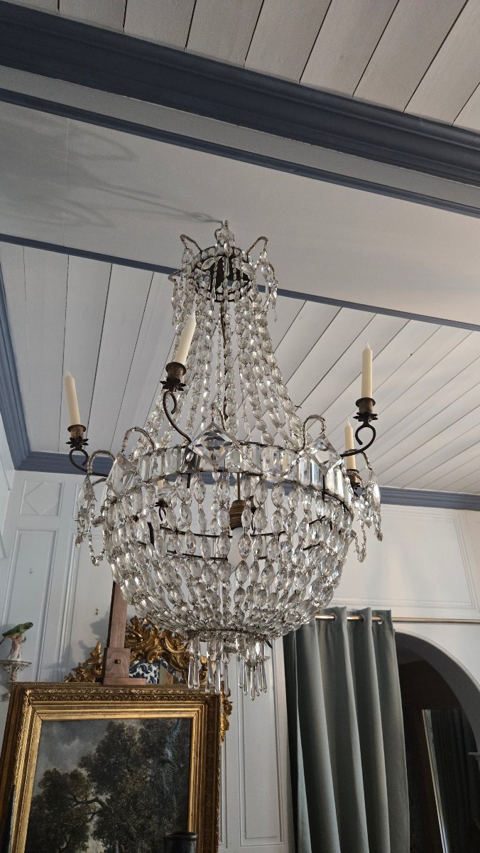 LUSTRE  CORBEILLE DE FORME MONTGOLFIÈRE, fin du XVIIIe siècle.  -photo-1