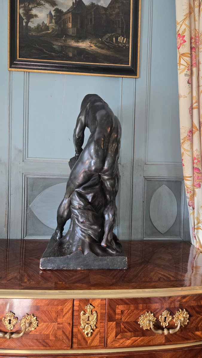 Milon Of Croton, Large Patinated Plaster Cast, After Edme Dumont. France, Second Half Of The 19th Century.-photo-2