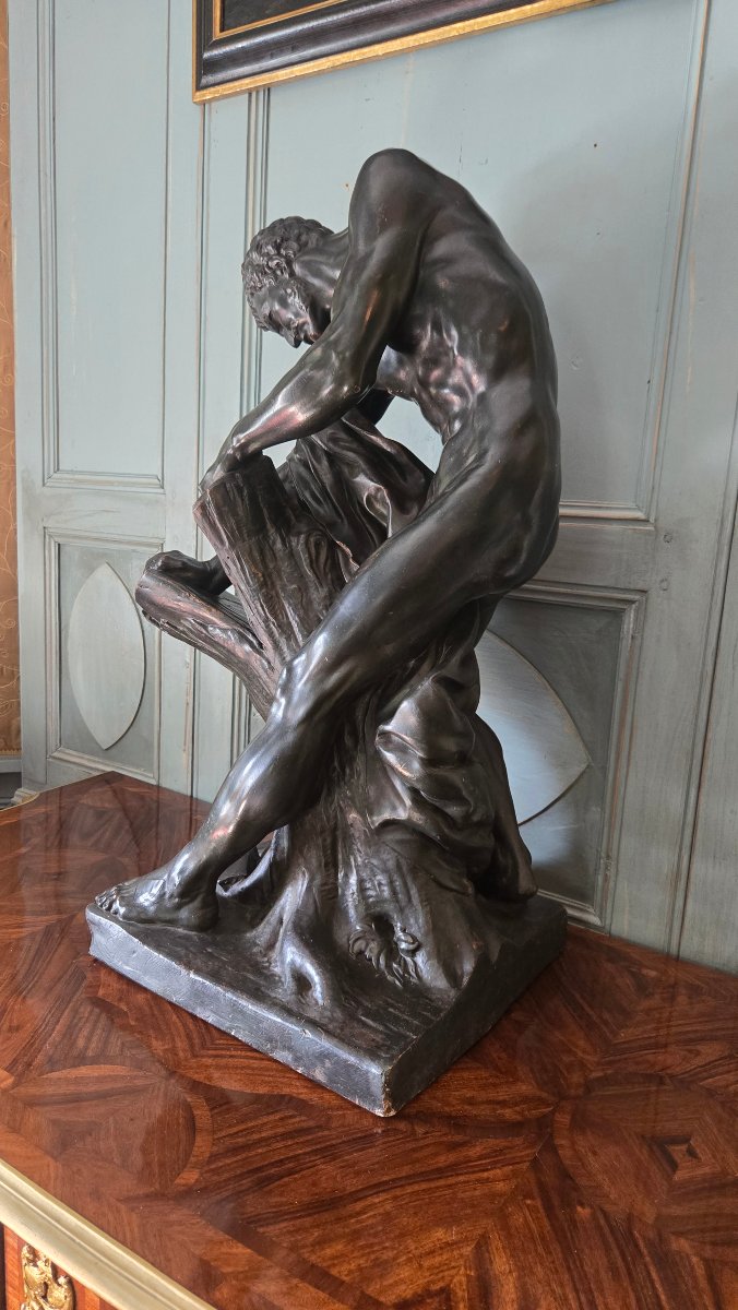 Milon Of Croton, Large Patinated Plaster Cast, After Edme Dumont. France, Second Half Of The 19th Century.-photo-3