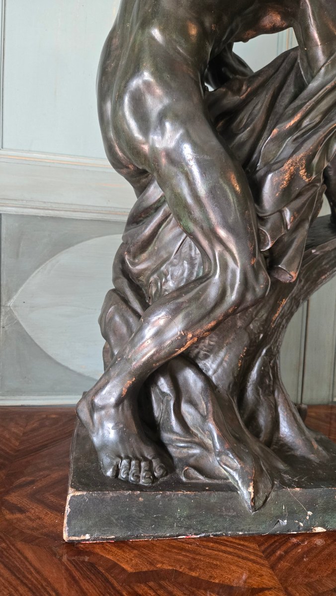 Milon Of Croton, Large Patinated Plaster Cast, After Edme Dumont. France, Second Half Of The 19th Century.-photo-1
