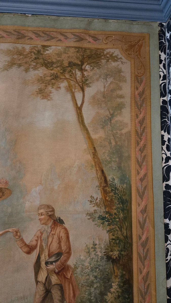 Grande peinture-tapisserie à scène galante – La promenade en barque, Vers 1880-1910   -photo-2