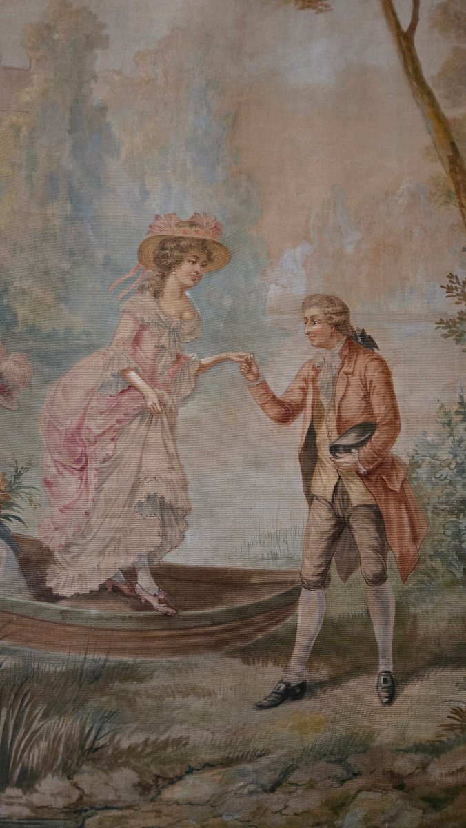 Grande peinture-tapisserie à scène galante – La promenade en barque, Vers 1880-1910   -photo-3
