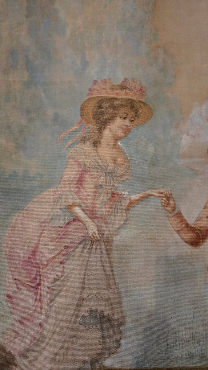 Grande peinture-tapisserie à scène galante – La promenade en barque, Vers 1880-1910   -photo-4