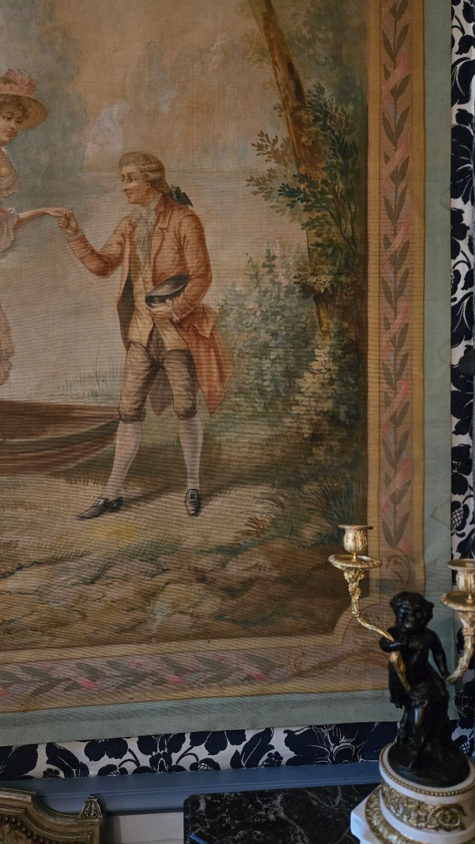 Grande peinture-tapisserie à scène galante – La promenade en barque, Vers 1880-1910   -photo-2