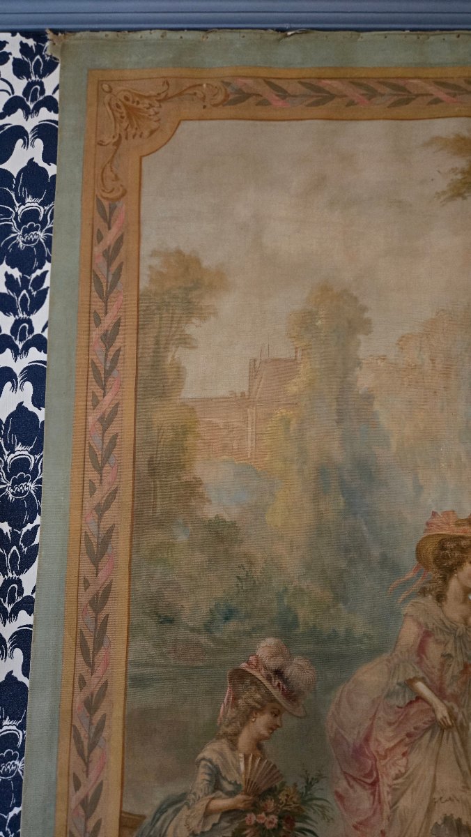 Grande peinture-tapisserie à scène galante – La promenade en barque, Vers 1880-1910   -photo-5