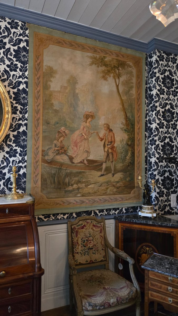 Grande peinture-tapisserie à scène galante – La promenade en barque, Vers 1880-1910   -photo-6