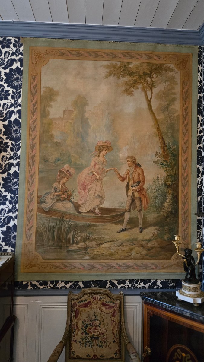 Grande peinture-tapisserie à scène galante – La promenade en barque, Vers 1880-1910   -photo-7