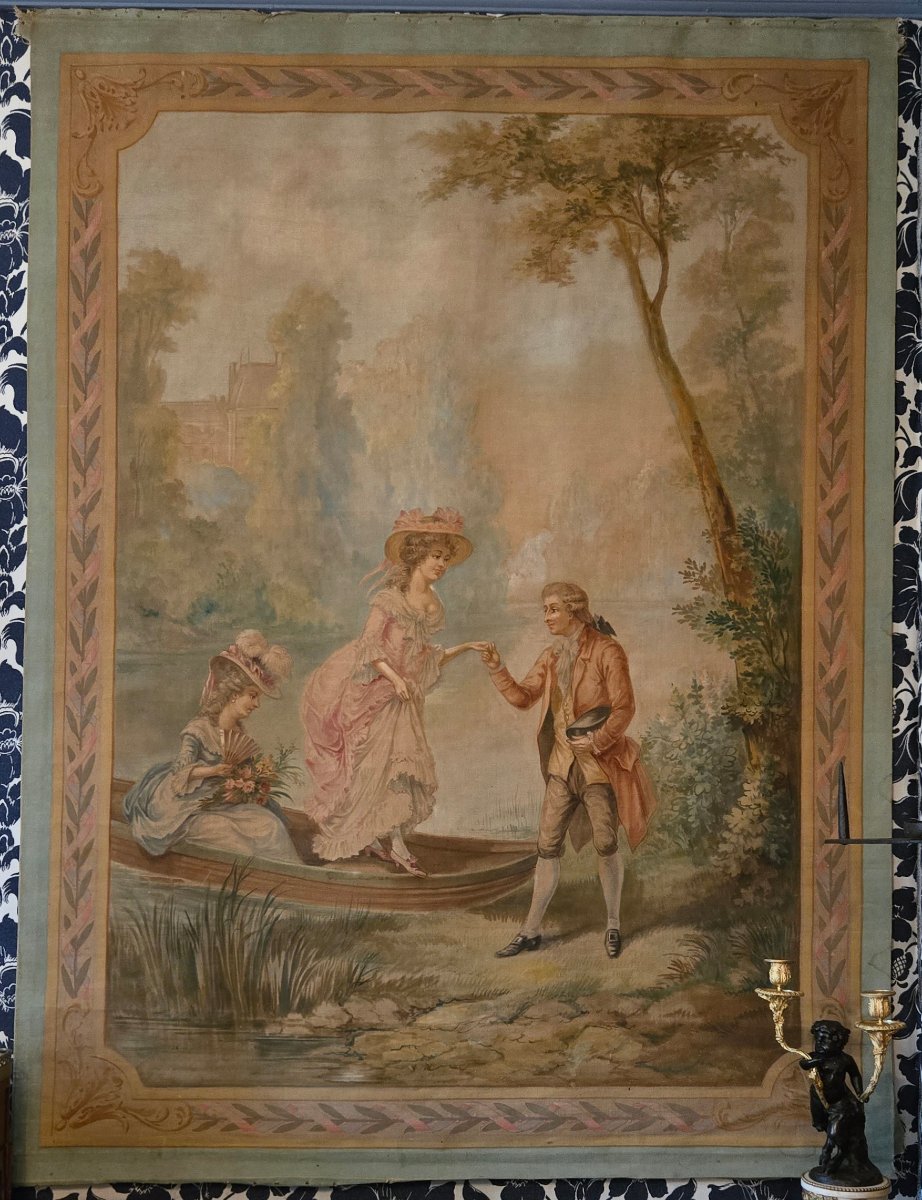 Grande peinture-tapisserie à scène galante – La promenade en barque, Vers 1880-1910   