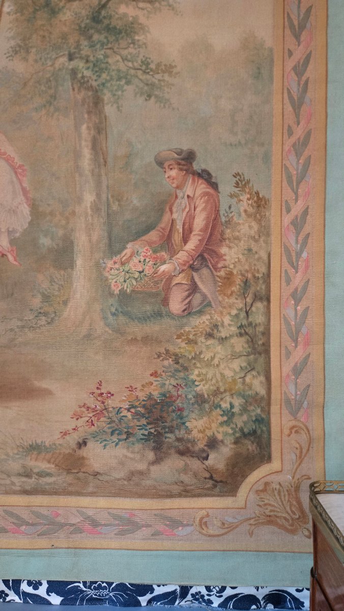 Large Tapestry-style Painting Depicting A Romantic Scene – *l’escarpolette*, Circa 1880–1910.-photo-2