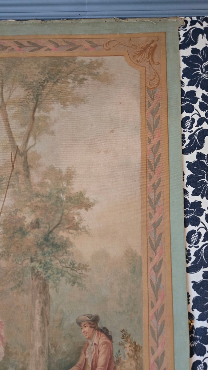 Large Tapestry-style Painting Depicting A Romantic Scene – *l’escarpolette*, Circa 1880–1910.-photo-3