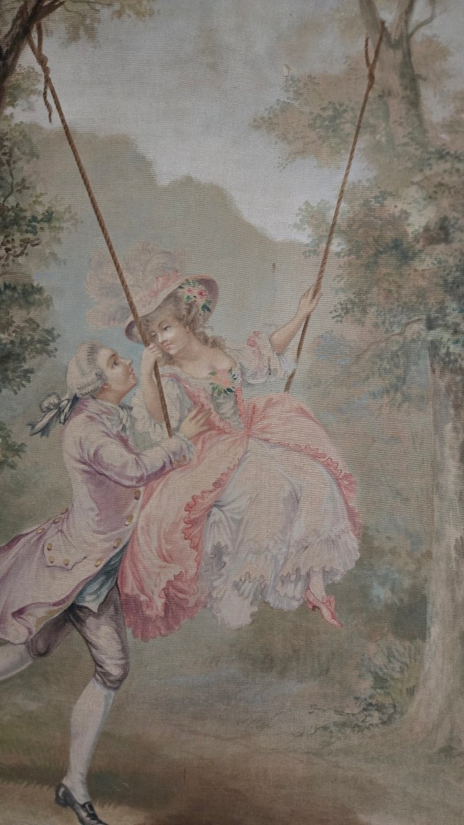 Large Tapestry-style Painting Depicting A Romantic Scene – *l’escarpolette*, Circa 1880–1910.-photo-4