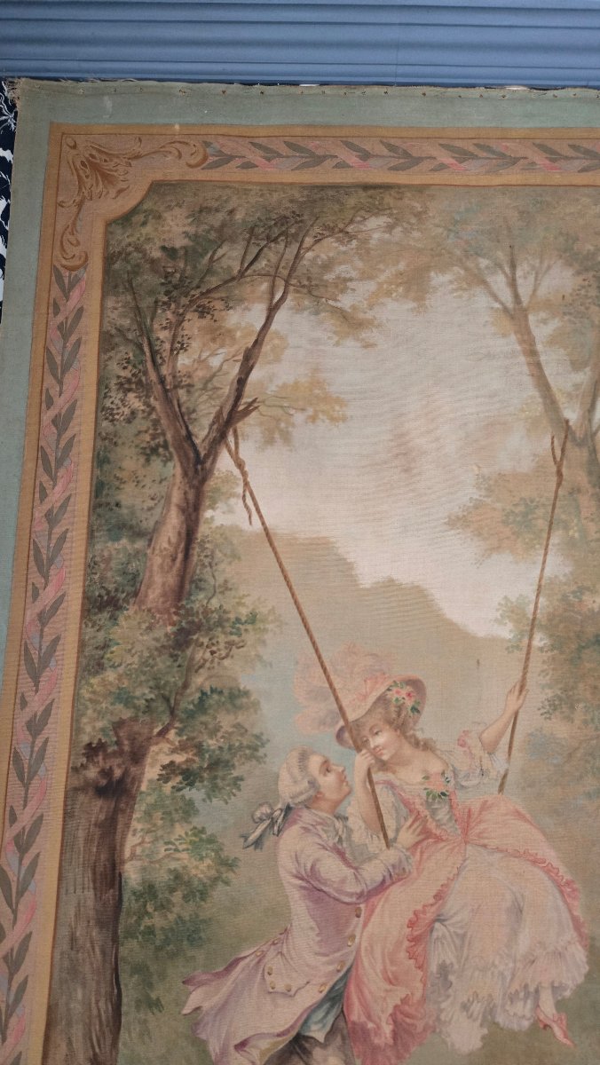 Large Tapestry-style Painting Depicting A Romantic Scene – *l’escarpolette*, Circa 1880–1910.-photo-1