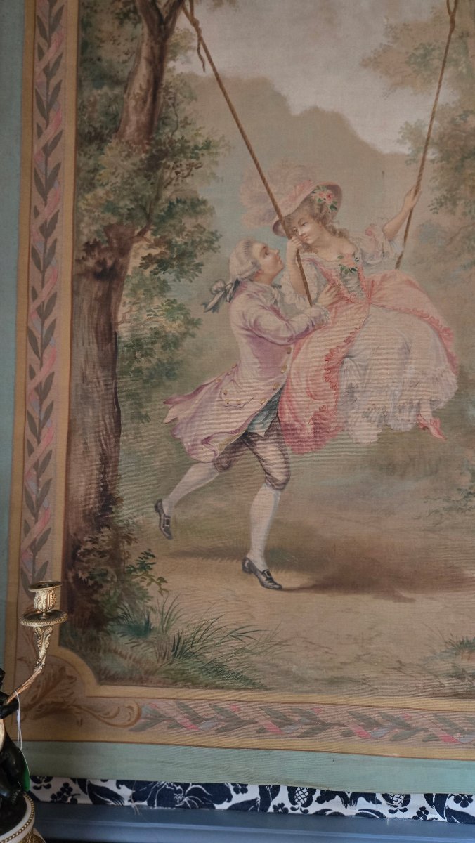 Large Tapestry-style Painting Depicting A Romantic Scene – *l’escarpolette*, Circa 1880–1910.-photo-2