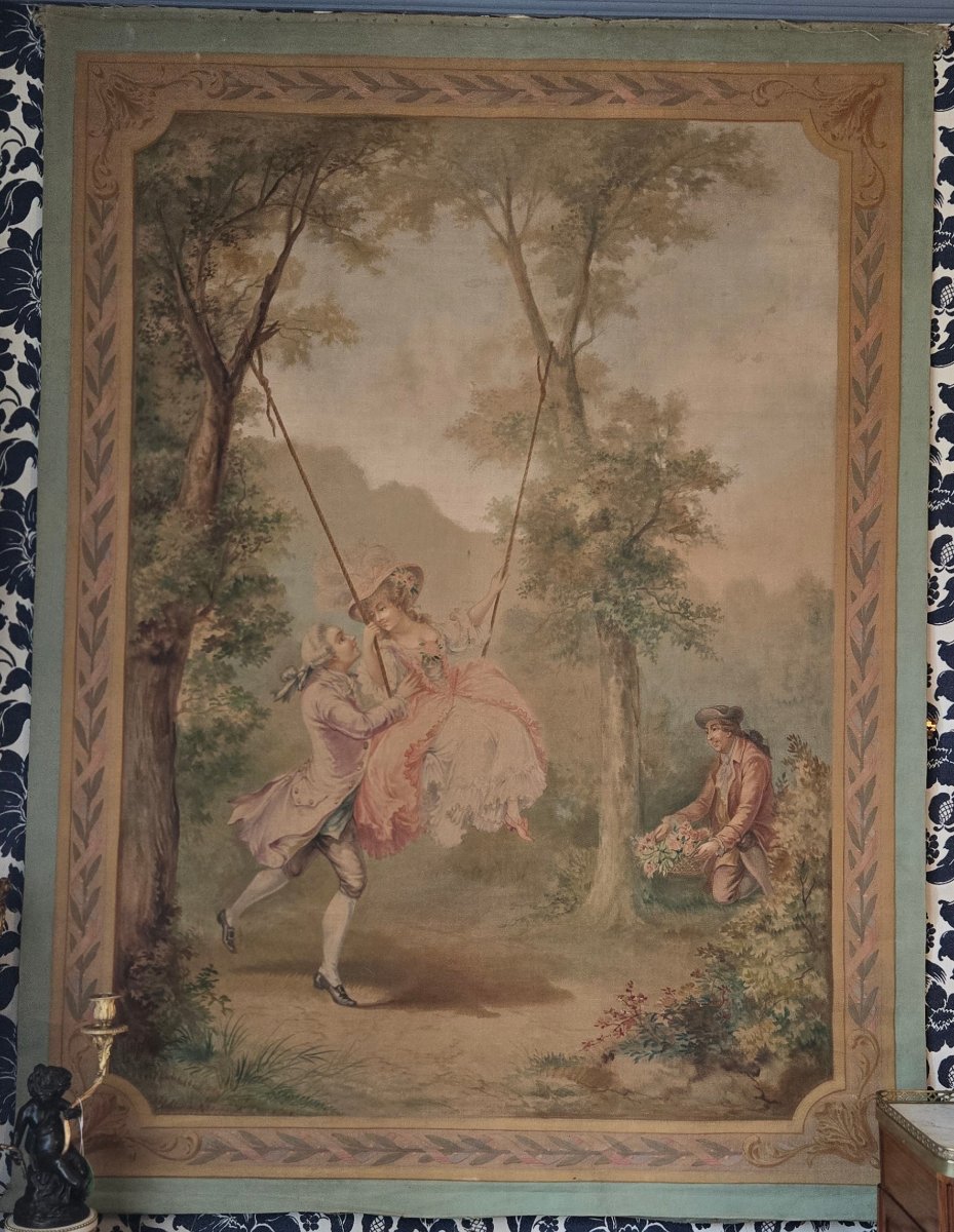 Large Tapestry-style Painting Depicting A Romantic Scene – *l’escarpolette*, Circa 1880–1910.