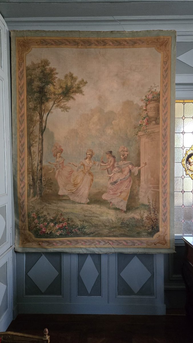 Grande peinture-tapisserie à scène de danse dans un parc, Vers 1880-1910 .-photo-6