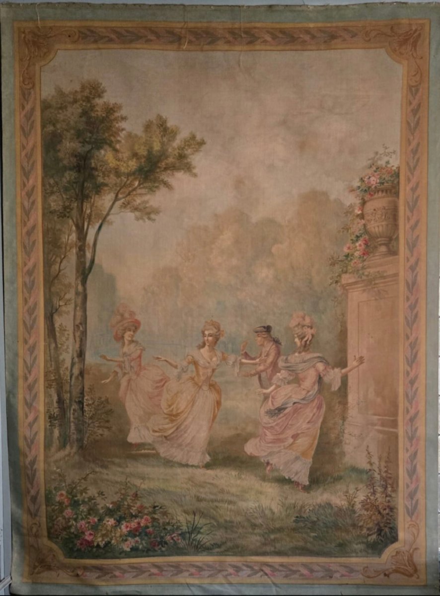 Grande peinture-tapisserie à scène de danse dans un parc, Vers 1880-1910 .