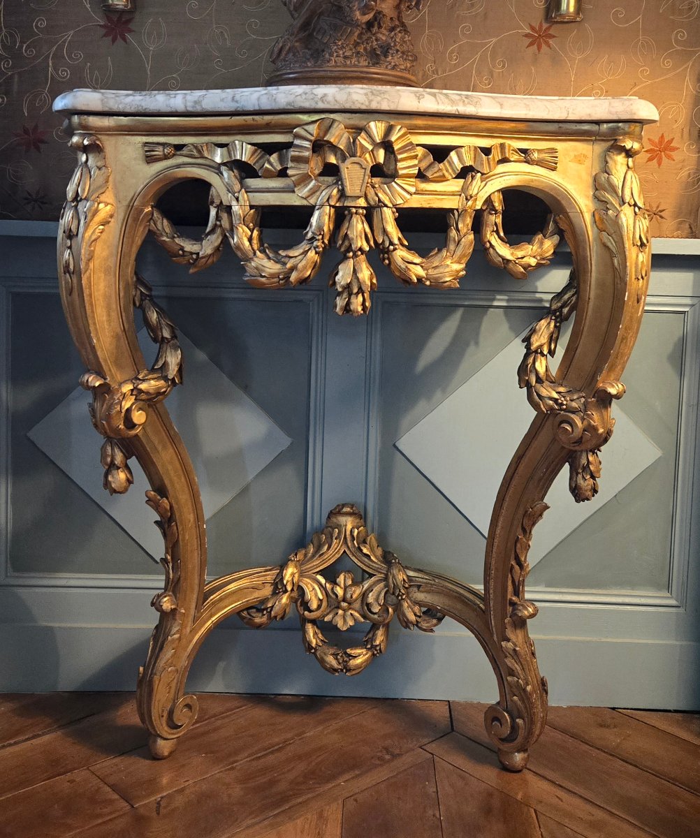 Carved And Gilded Wooden Console Table In The Louis XV–louis XVI Transitional Style, 19th Century.  