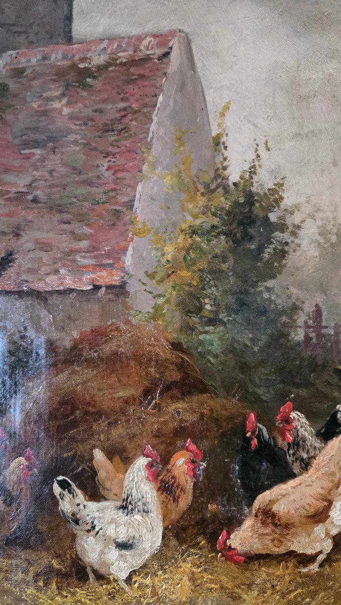 Scène de basse-cour – Huile sur toile du XIXe siècle.  -photo-2