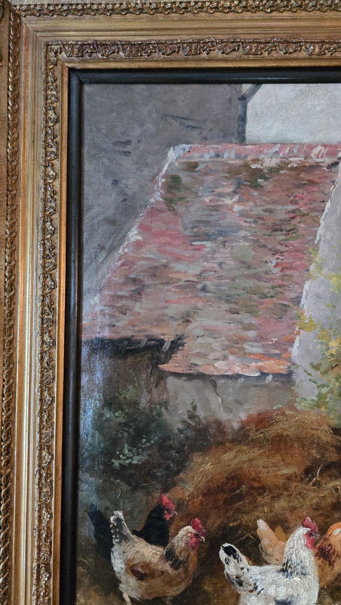 Scène de basse-cour – Huile sur toile du XIXe siècle.  -photo-4