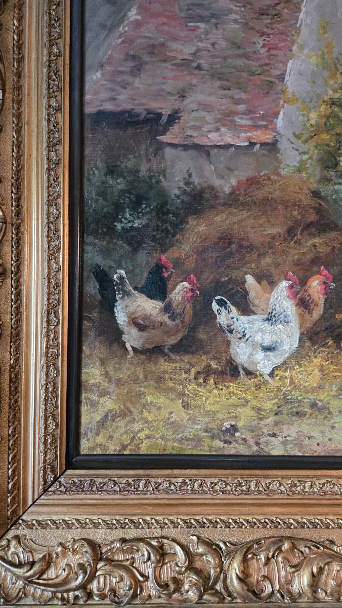 Scène de basse-cour – Huile sur toile du XIXe siècle.  -photo-1