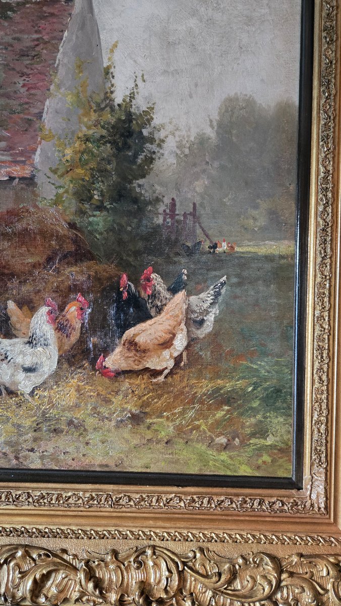Scène de basse-cour – Huile sur toile du XIXe siècle.  -photo-2