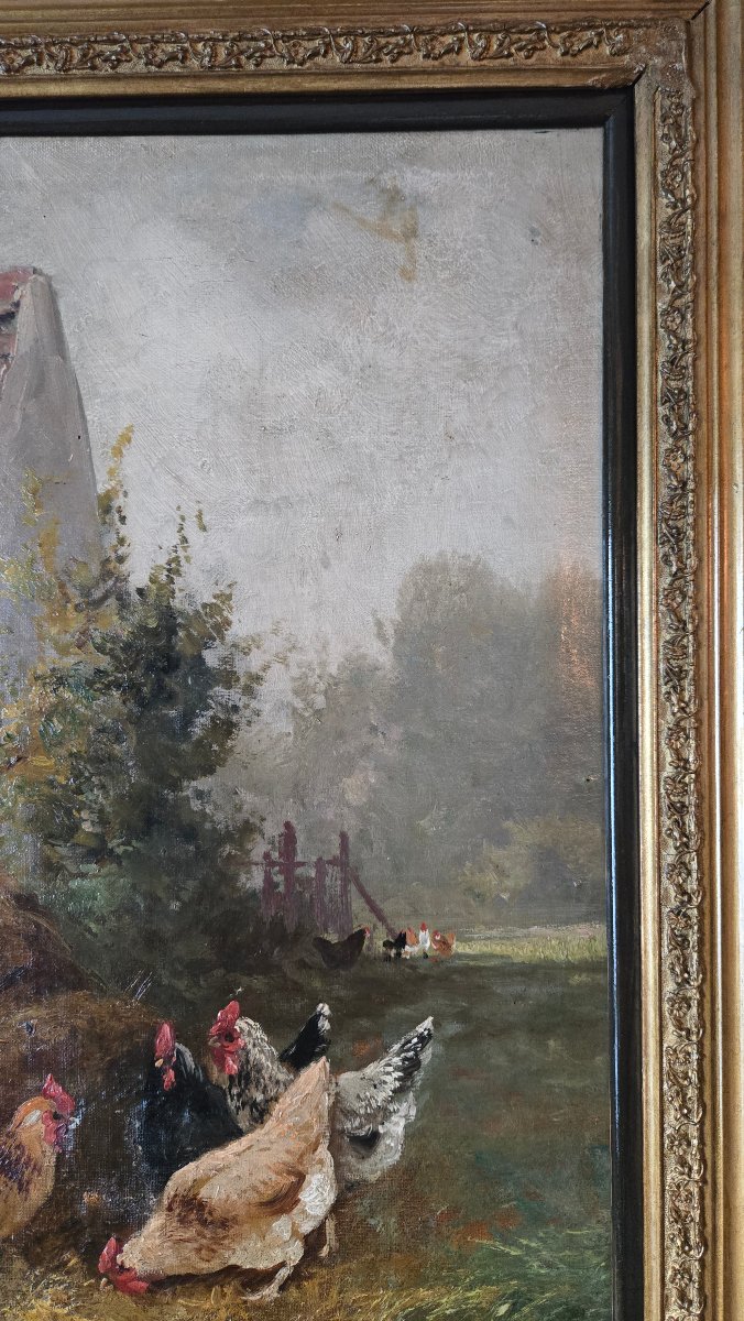 Scène de basse-cour – Huile sur toile du XIXe siècle.  -photo-3