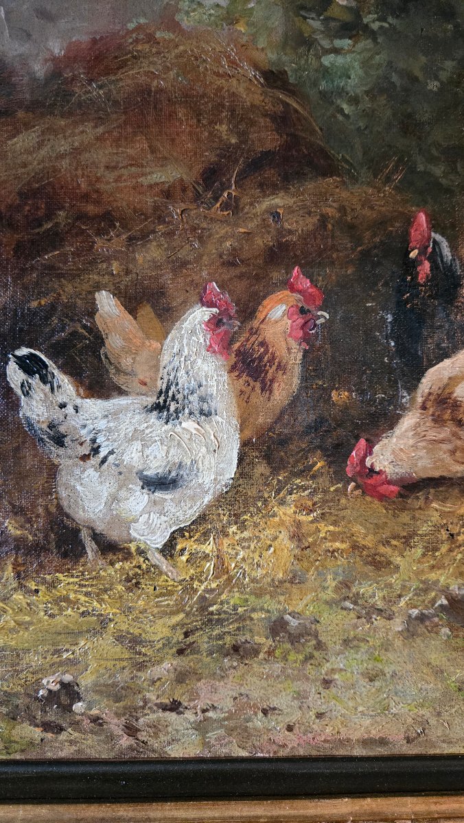 Scène de basse-cour – Huile sur toile du XIXe siècle.  -photo-4