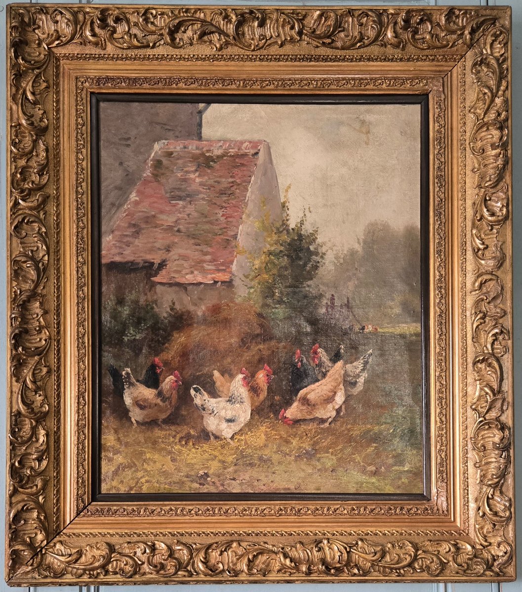 Scène de basse-cour – Huile sur toile du XIXe siècle.  