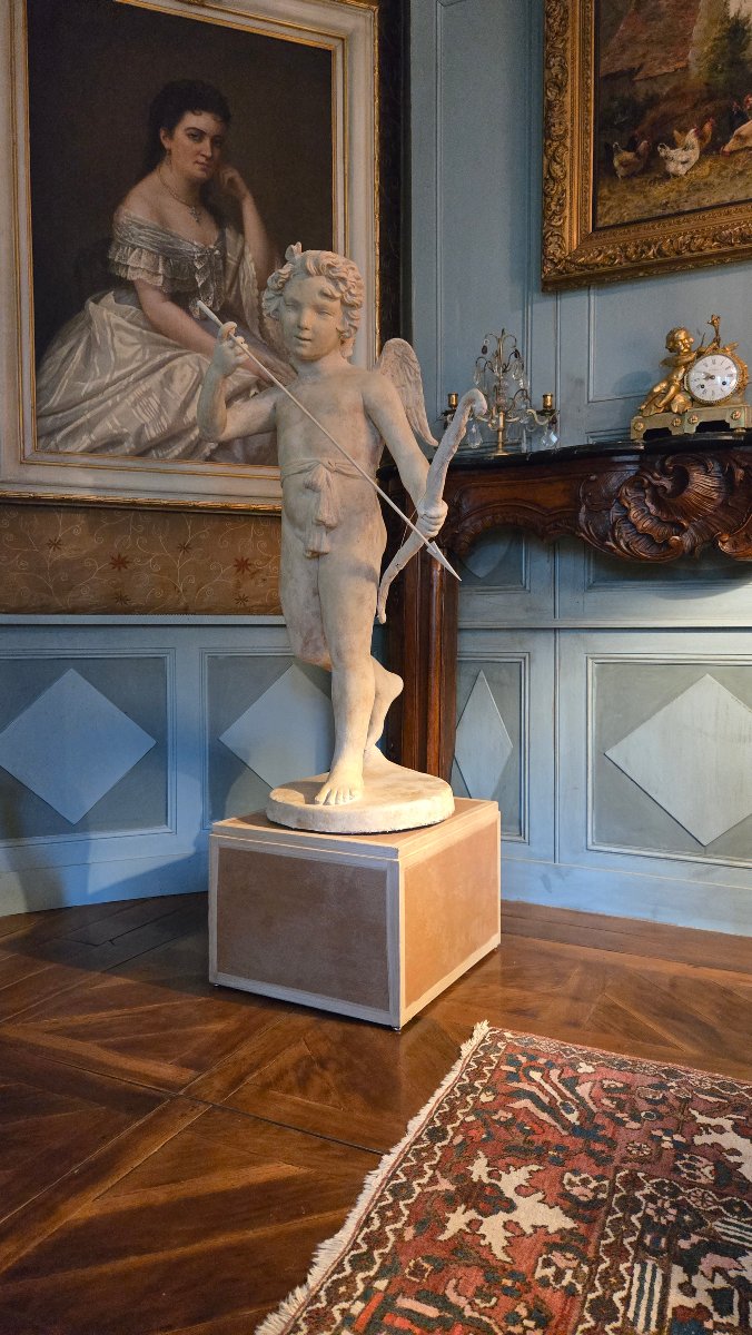 « Les desseins de l’Amour » – Grande sculpture en plâtre patiné façon terre cuite – XIXe siècle-photo-2