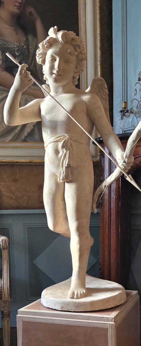 « Les desseins de l’Amour » – Grande sculpture en plâtre patiné façon terre cuite – XIXe siècle-photo-3