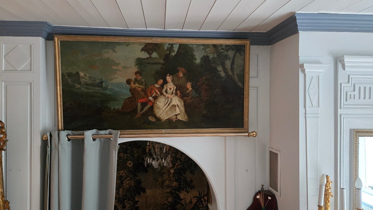 dessus-de-porte du XVIIIe siècle, scène galante dans un parc, anciennement agrandi.  -photo-4