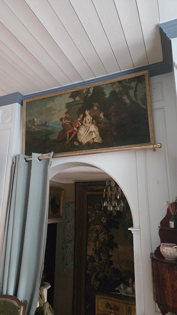 dessus-de-porte du XVIIIe siècle, scène galante dans un parc, anciennement agrandi.  -photo-5