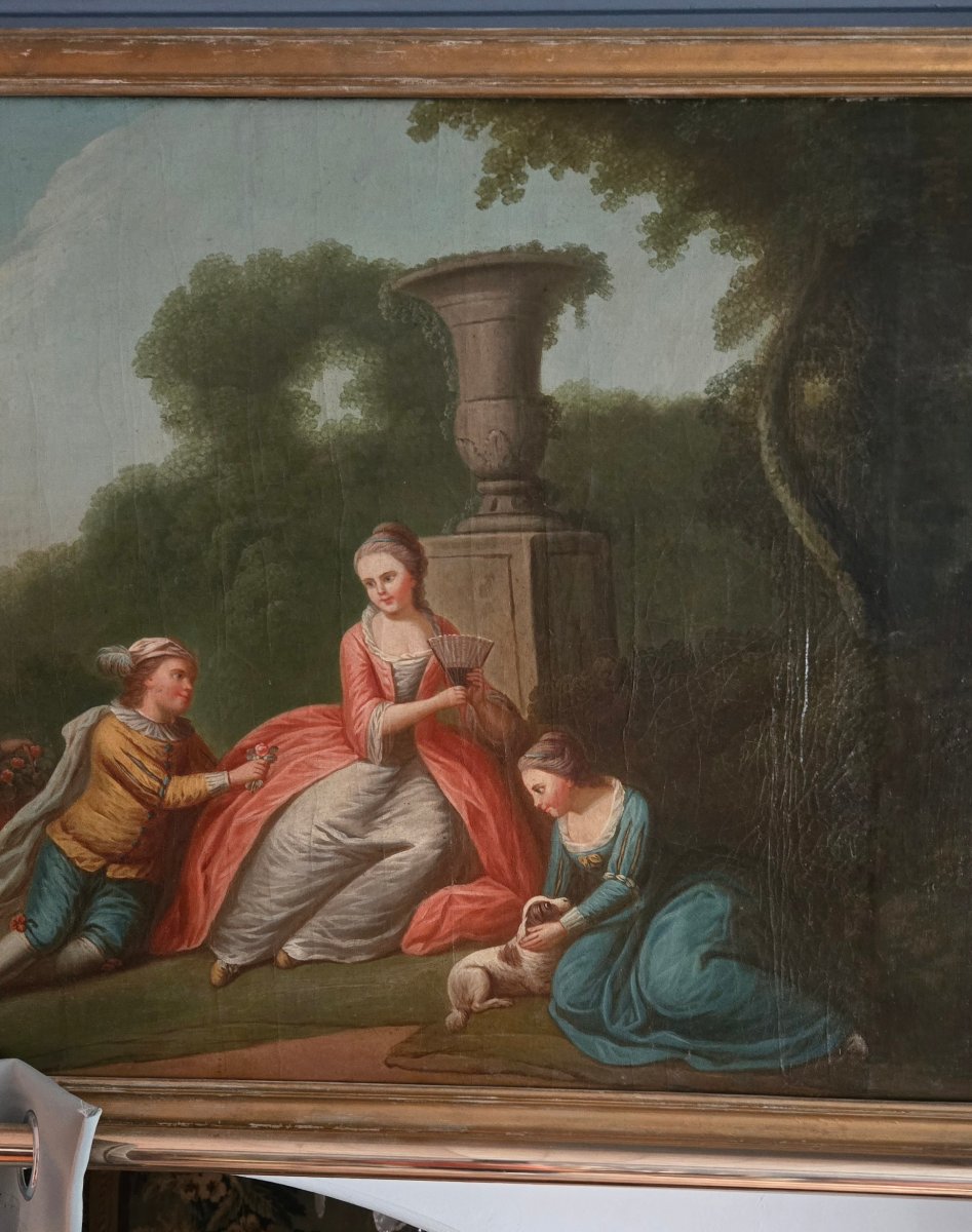18th-century Overdoor Painting, A Romantic Scene In A Park: The Offering Of Flowers.-photo-1