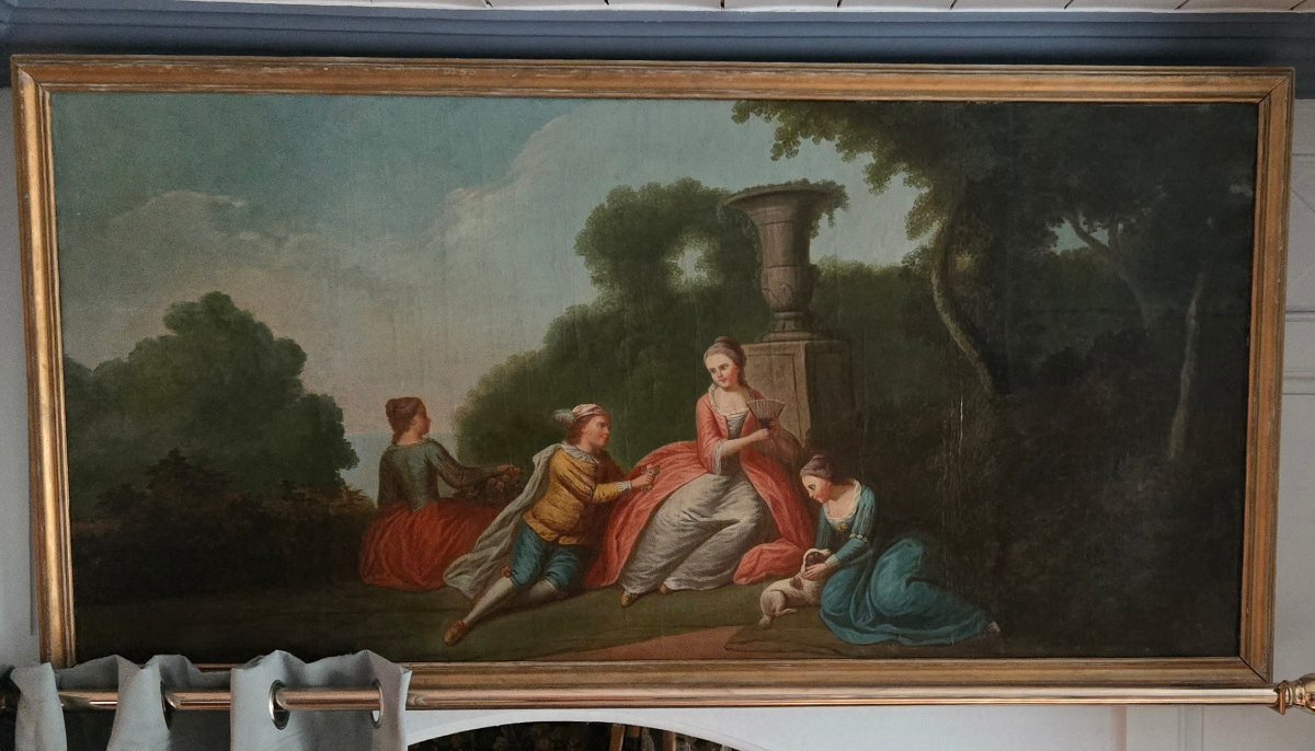 18th-century Overdoor Painting, A Romantic Scene In A Park: The Offering Of Flowers.-photo-3