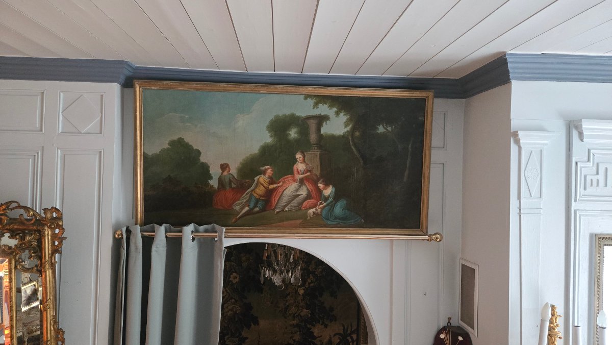 18th-century Overdoor Painting, A Romantic Scene In A Park: The Offering Of Flowers.-photo-4