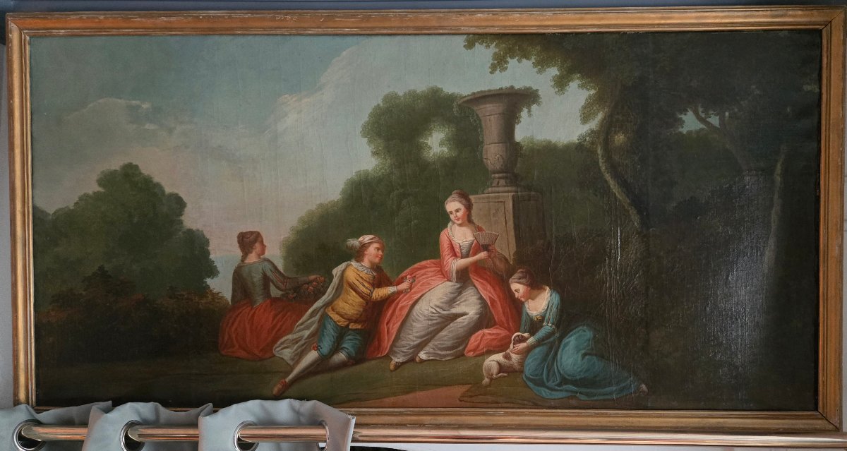 18th-century Overdoor Painting, A Romantic Scene In A Park: The Offering Of Flowers.