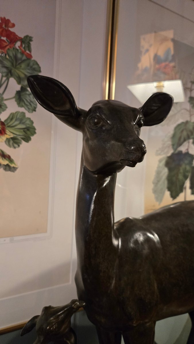 Irénée Rochard (1906-1984) – La biche aux aguets et son faon, important groupe en bronze.-photo-2