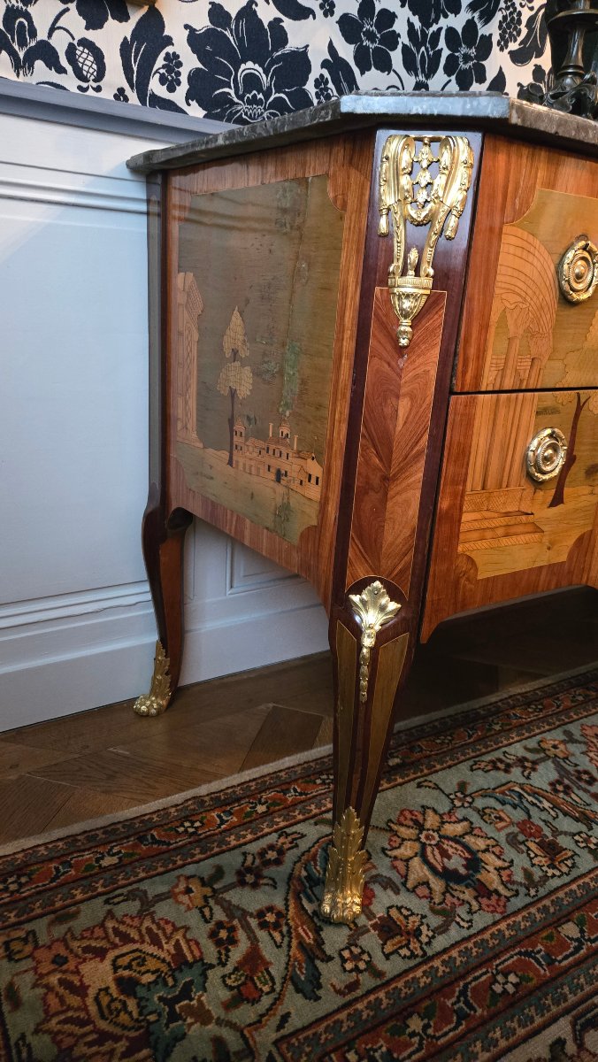 Commode à marqueterie de ruines estampillée A. L. Gilbert – XVIIIe.  -photo-4