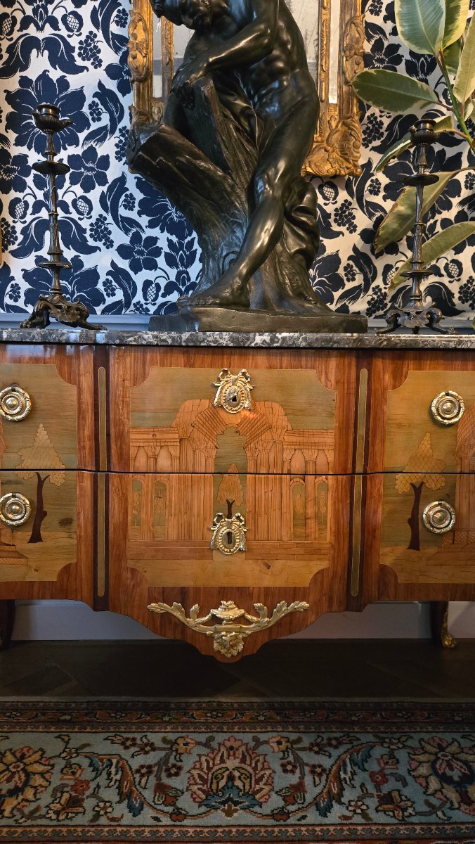 Commode à marqueterie de ruines estampillée A. L. Gilbert – XVIIIe.  -photo-7