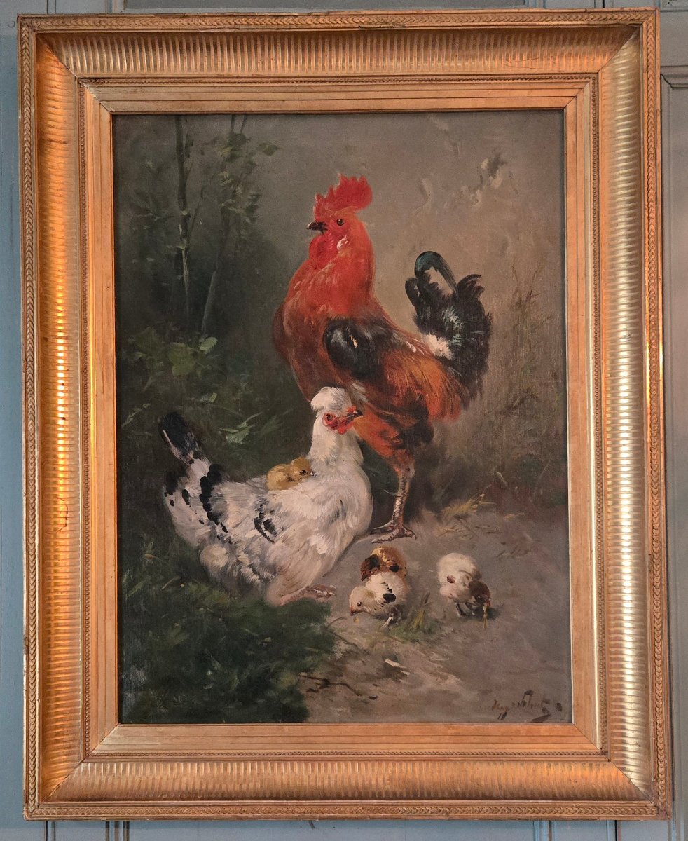 Henri Schouten (1860-1927) – Coq, poule et poussins dans un sous-bois, huile sur toile.